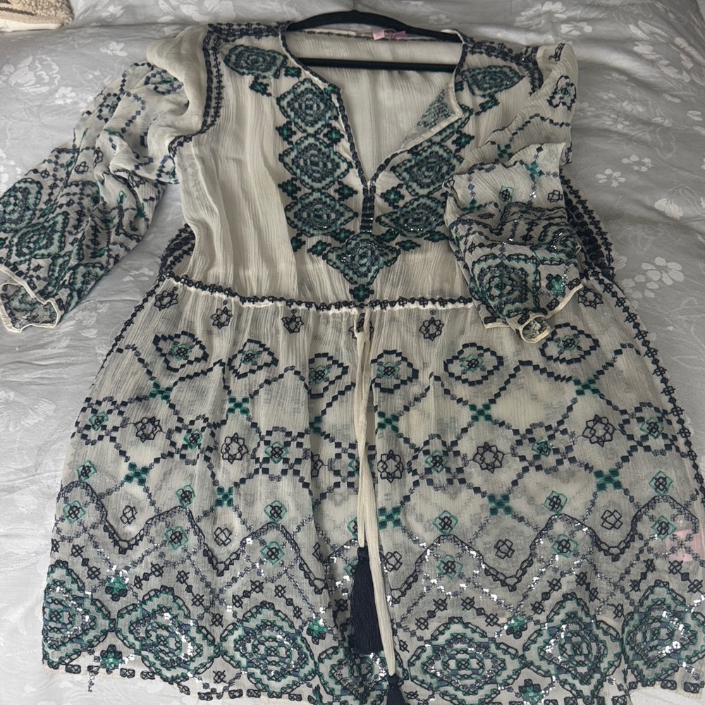 Calypso St. Barth Cream Beaded Tunic with Teal & Black Embroidery